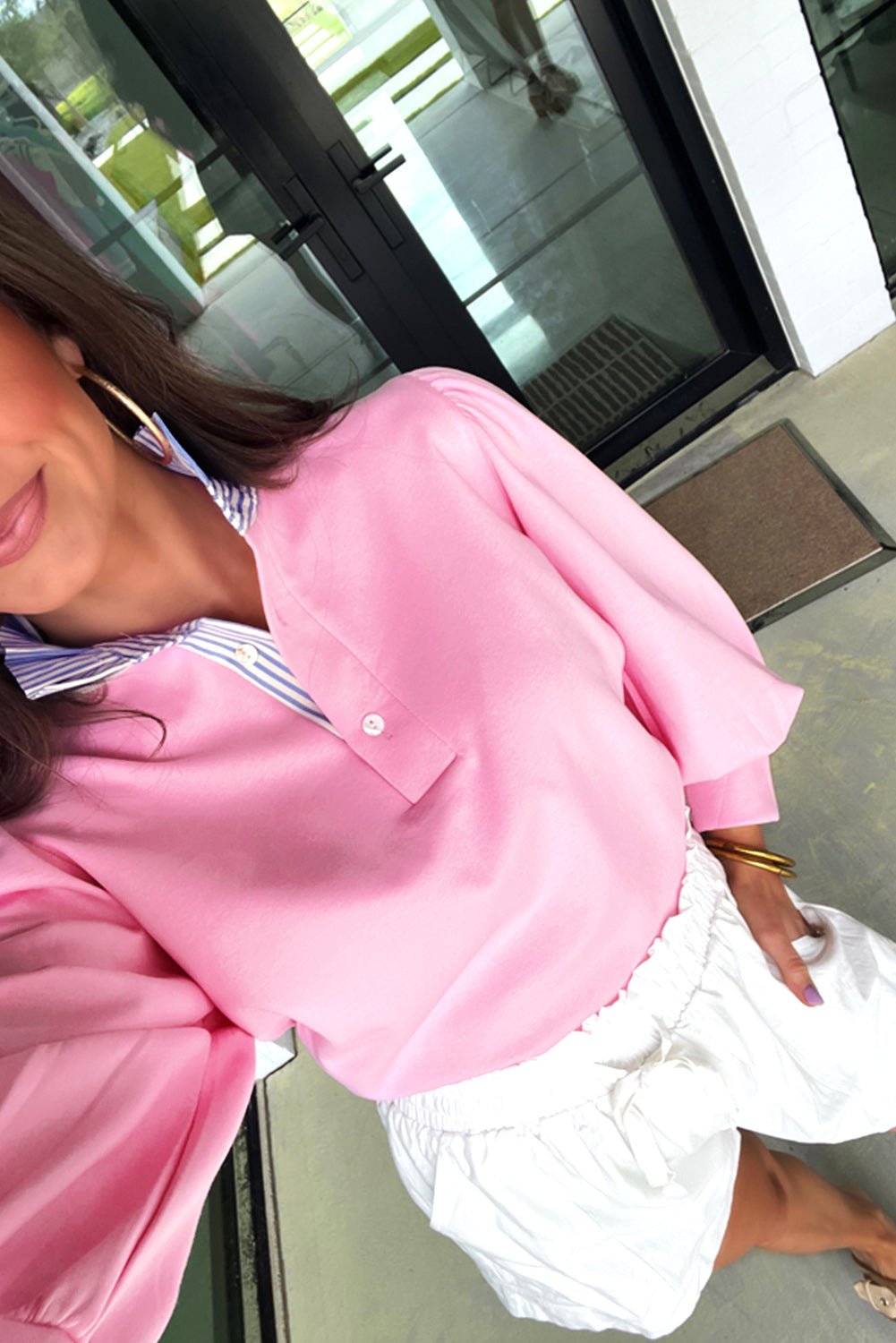 Bonbon Striped Collar Puff Sleeve Sweatshirt