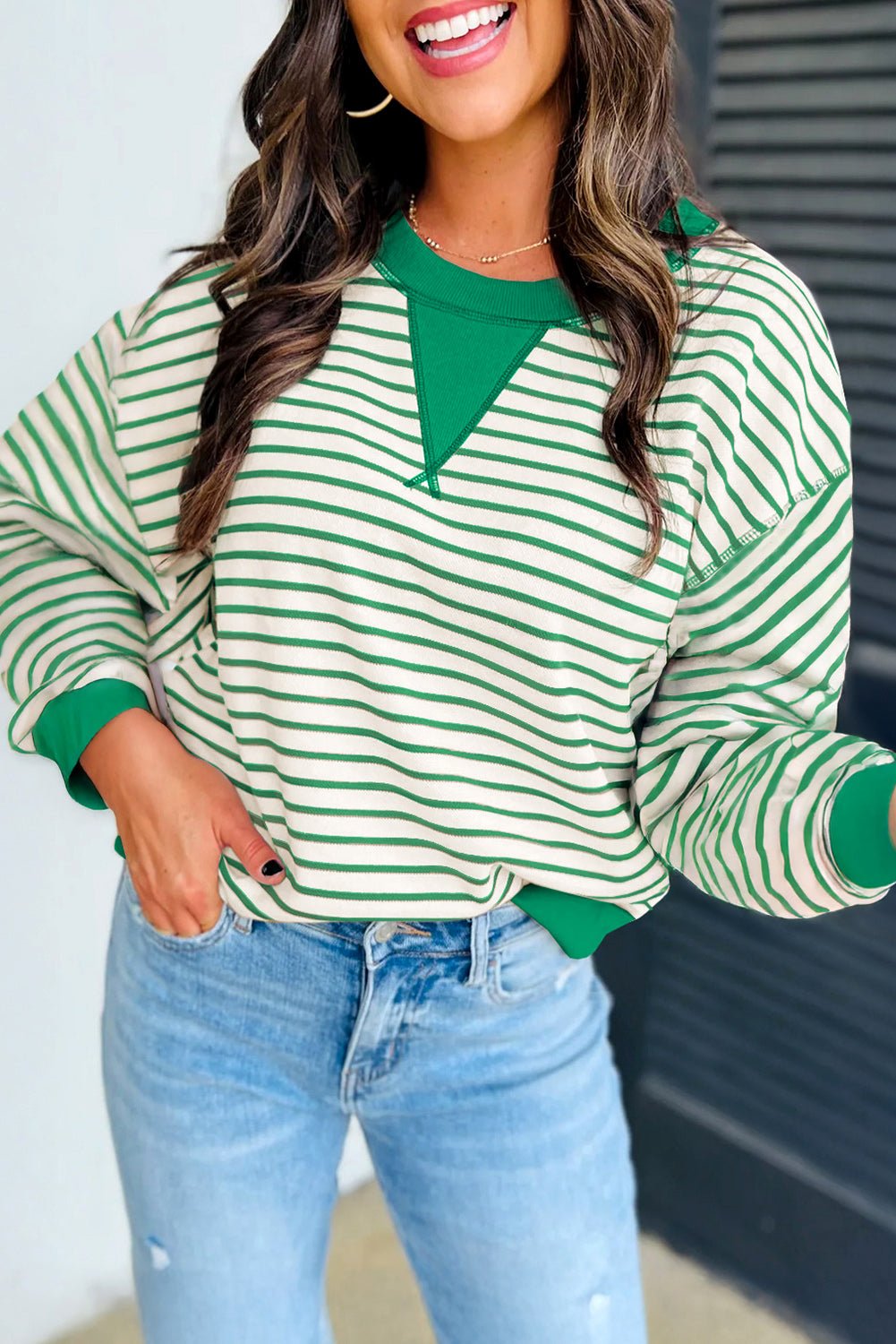 Bright Green Striped Contrast Trim Long Sleeve Top
