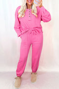 Bright Pink Raw Edge Henley Pullover and Jogger Pants Set