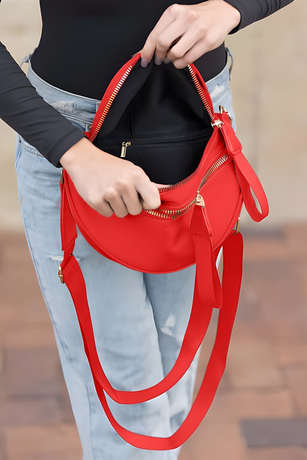 Bright Pink Strap Double Zipper Crossbody Bag