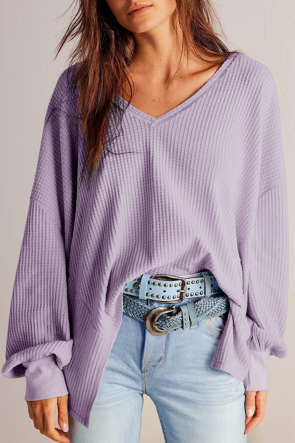 Bright Pink Waffle V Neck Drop Shoulder Long Sleeve Loose Top