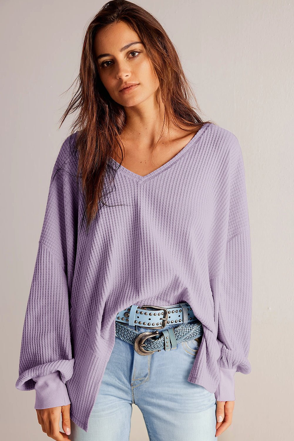 Bright Pink Waffle V Neck Drop Shoulder Long Sleeve Loose Top