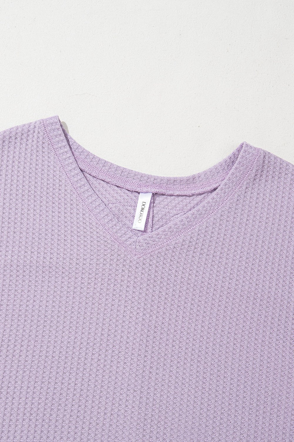 Bright Pink Waffle V Neck Drop Shoulder Long Sleeve Loose Top