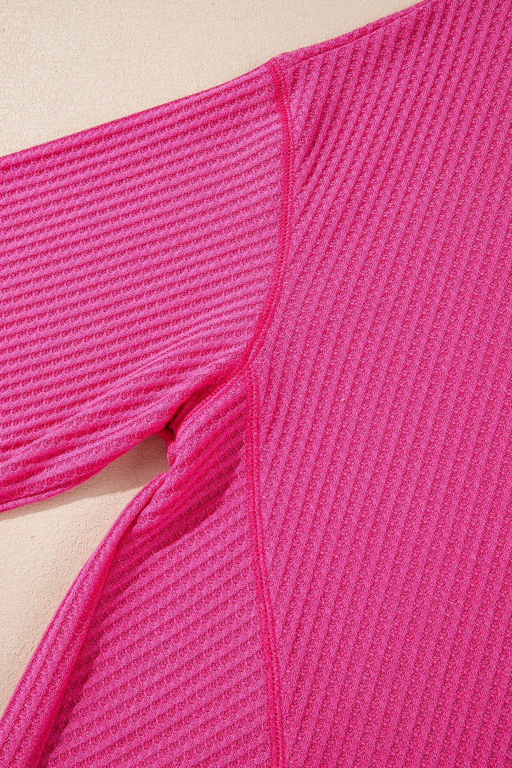 Bright Pink Waffle V Neck Drop Shoulder Long Sleeve Loose Top