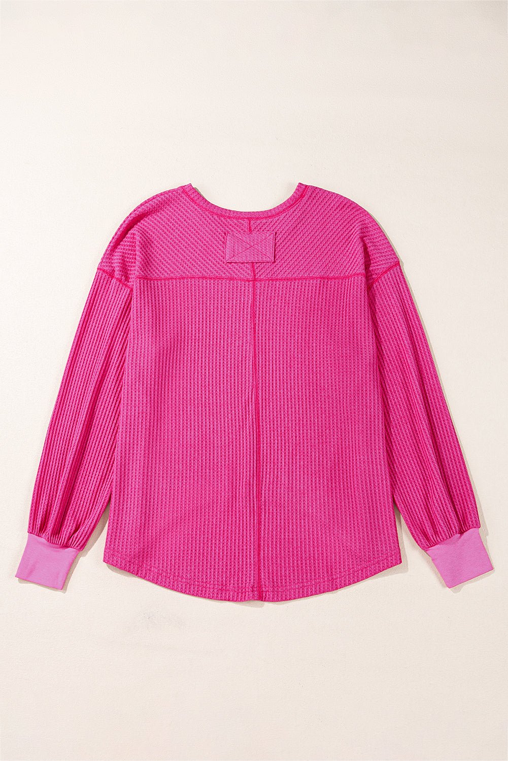 Bright Pink Waffle V Neck Drop Shoulder Long Sleeve Loose Top