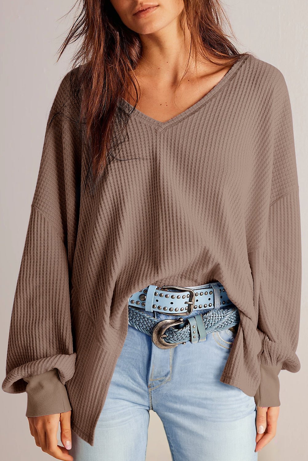 Bright Pink Waffle V Neck Drop Shoulder Long Sleeve Loose Top