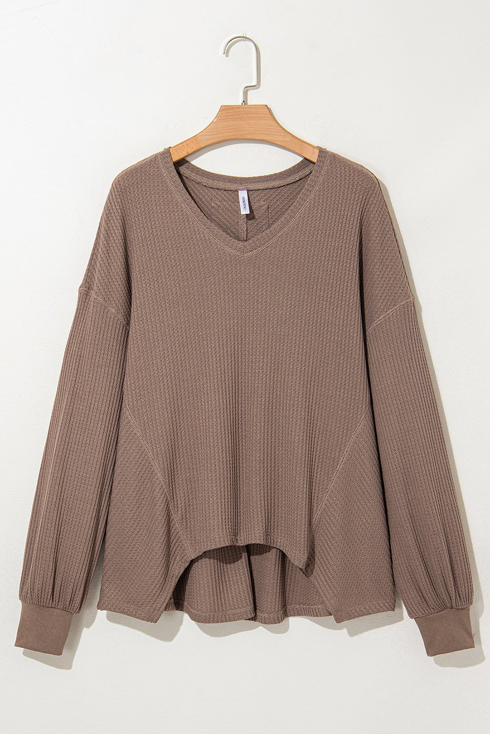 Bright Pink Waffle V Neck Drop Shoulder Long Sleeve Loose Top