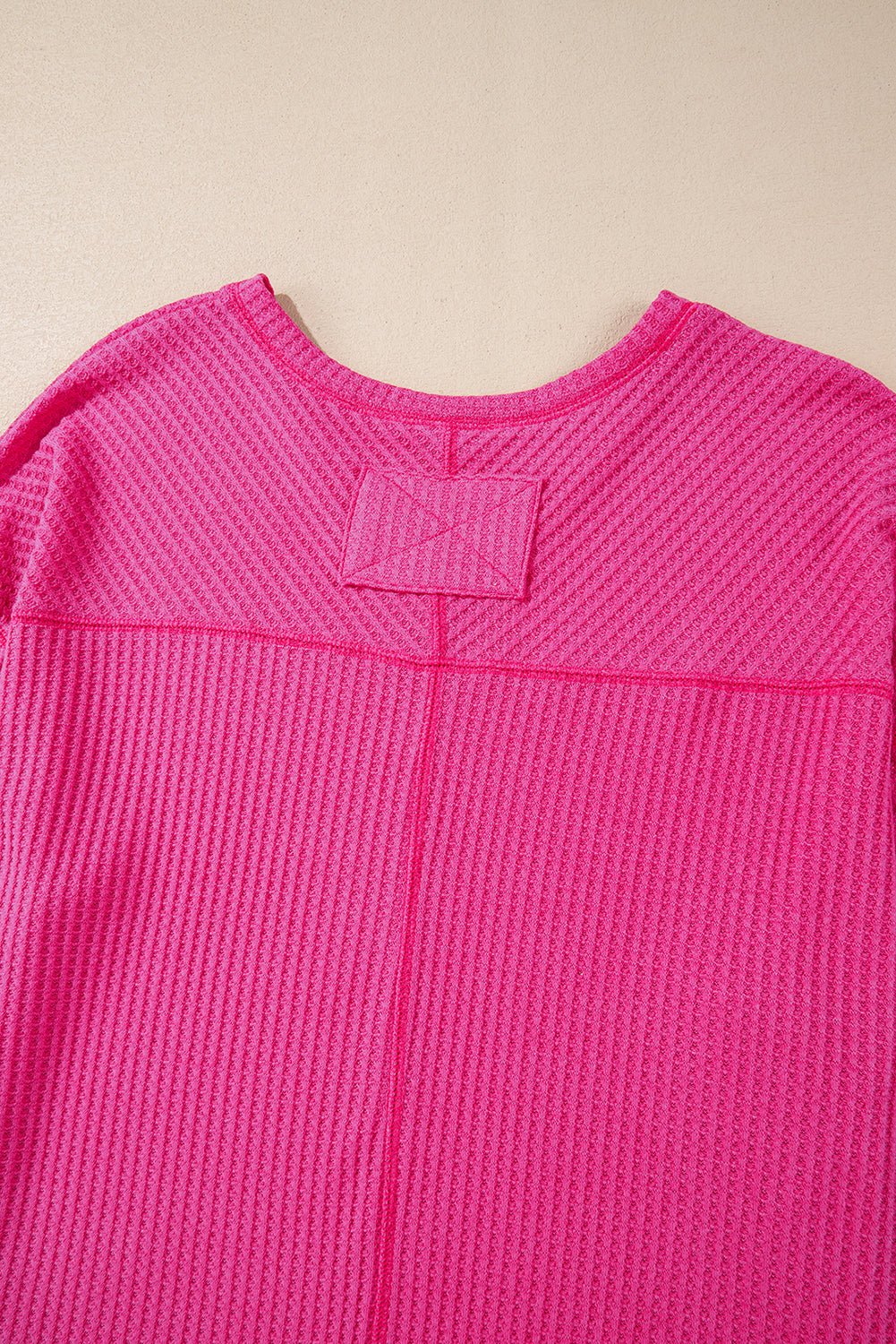 Bright Pink Waffle V Neck Drop Shoulder Long Sleeve Loose Top