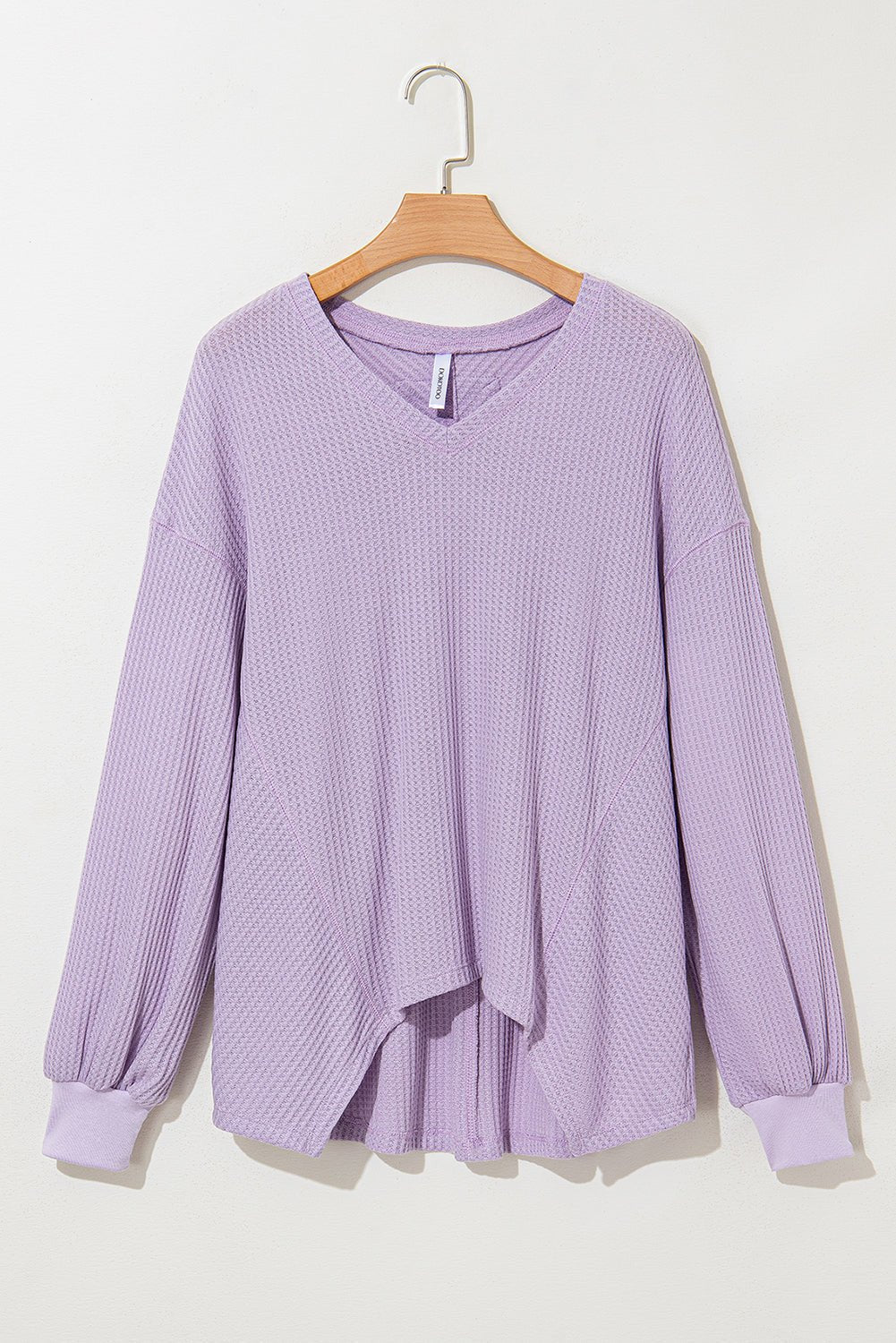 Bright Pink Waffle V Neck Drop Shoulder Long Sleeve Loose Top