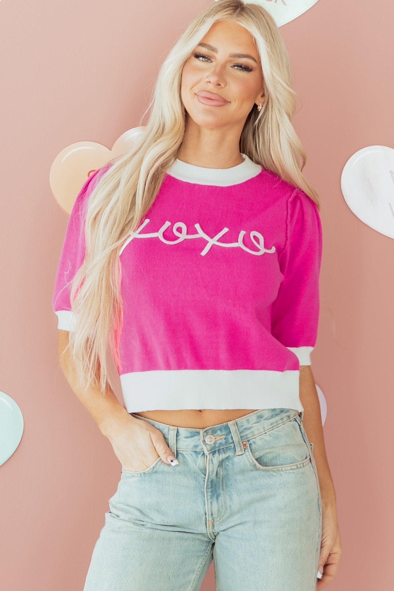 Embroidered Graphic Valentines Contrast Trim Crew Neck Short Puff Sleeve Sweater Tee