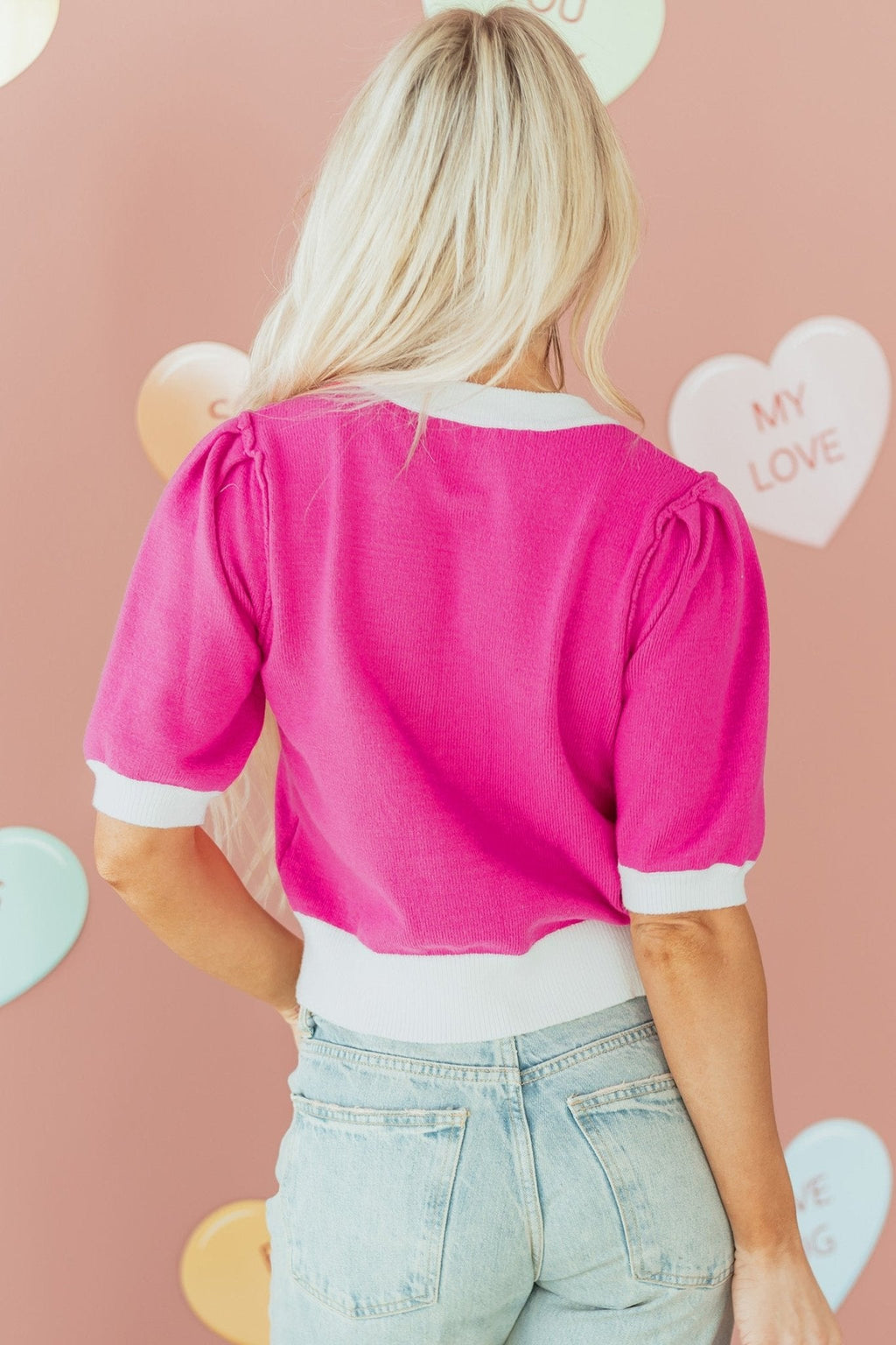 Embroidered Graphic Valentines Contrast Trim Crew Neck Short Puff Sleeve Sweater Tee