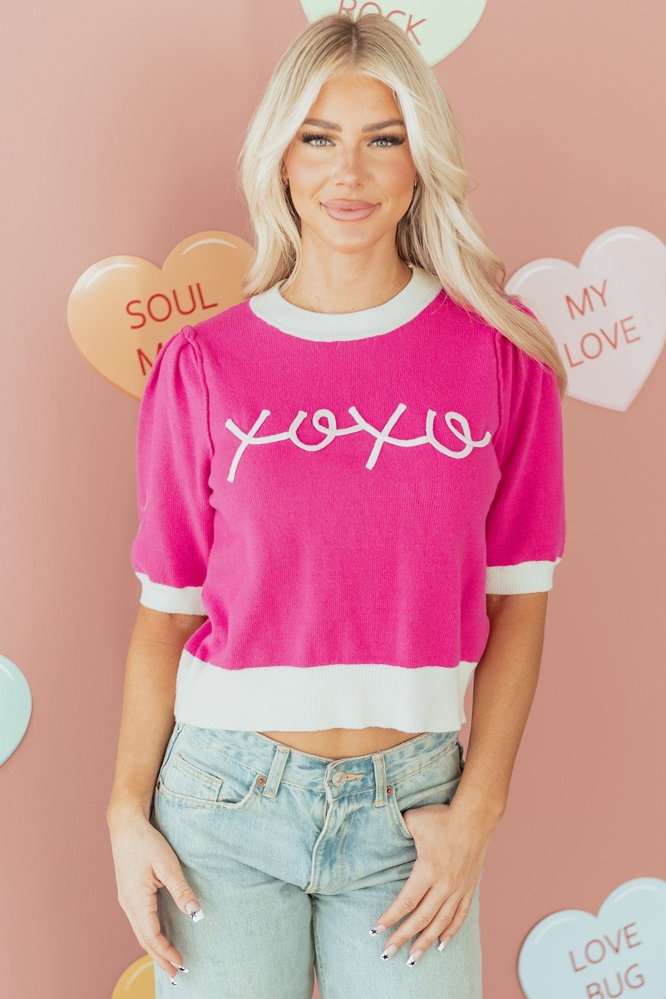 Embroidered Graphic Valentines Contrast Trim Crew Neck Short Puff Sleeve Sweater Tee
