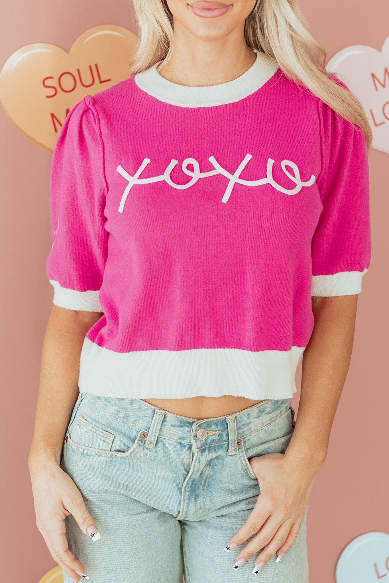 Embroidered Graphic Valentines Contrast Trim Crew Neck Short Puff Sleeve Sweater Tee