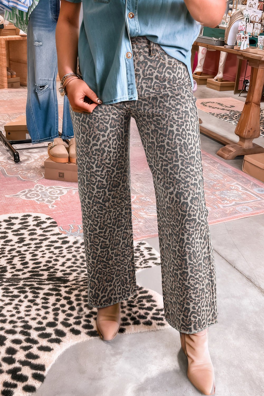 Brown Leopard High Waist Frayed Hem Jeans