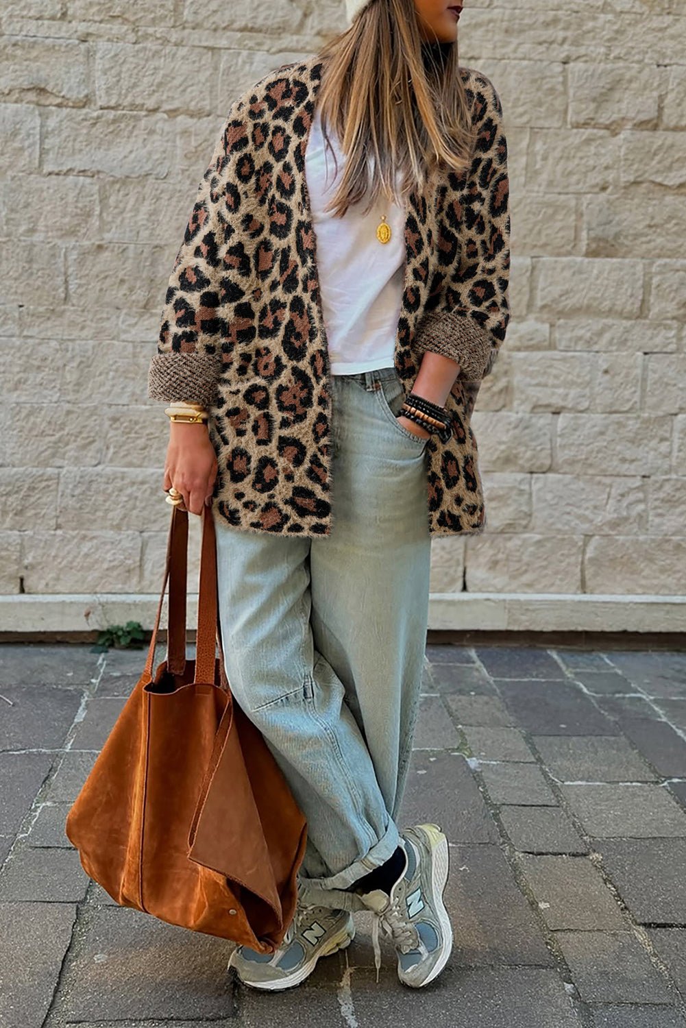 Brown Leopard Open Front Fuzzy Cardigan