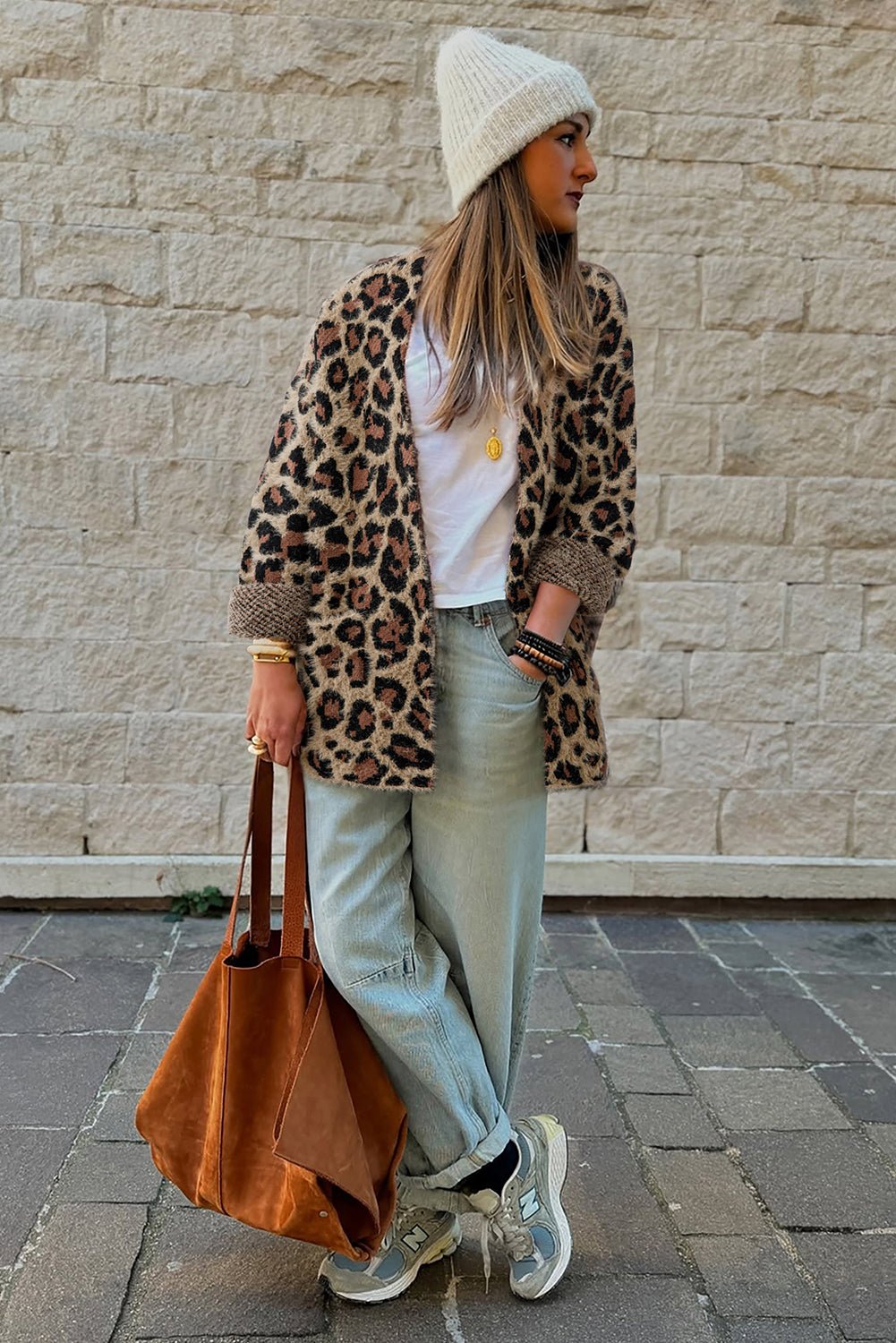 Brown Leopard Open Front Fuzzy Cardigan