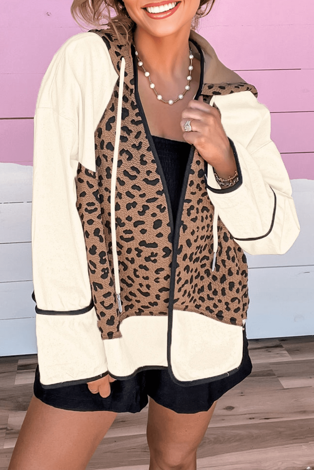 Brown Leopard Star Hooded Patchwork Contrast Piping Open Front Jacket