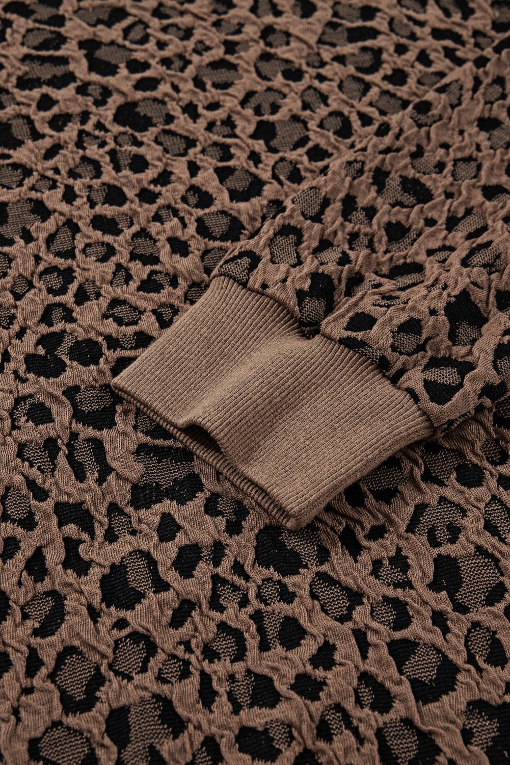 Brown Ribbed Trim Leopard Print Long Sleeve Top