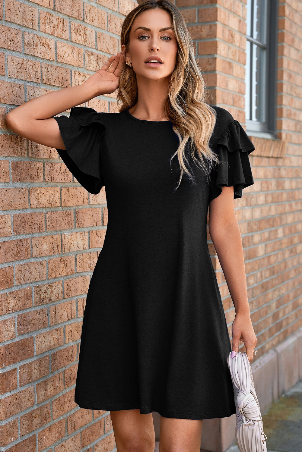 Skobeloff Solid Color Round Neck Double Ruffle Short Sleeve Dress