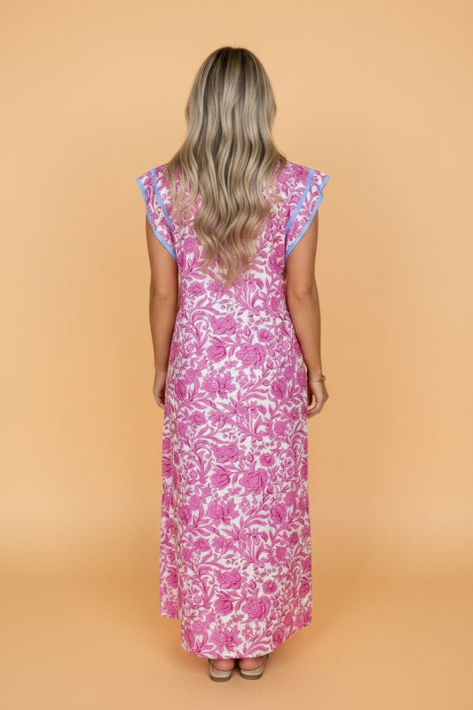 Floral Colorblock Patchwork V-Neck Midi Dress