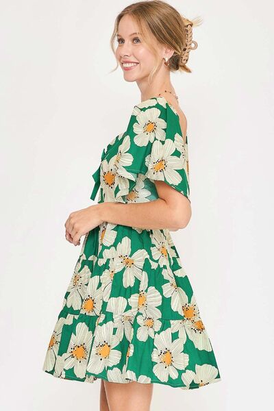 Full Size Daisy Print Mini Dress with Ribbon Details Plus Size