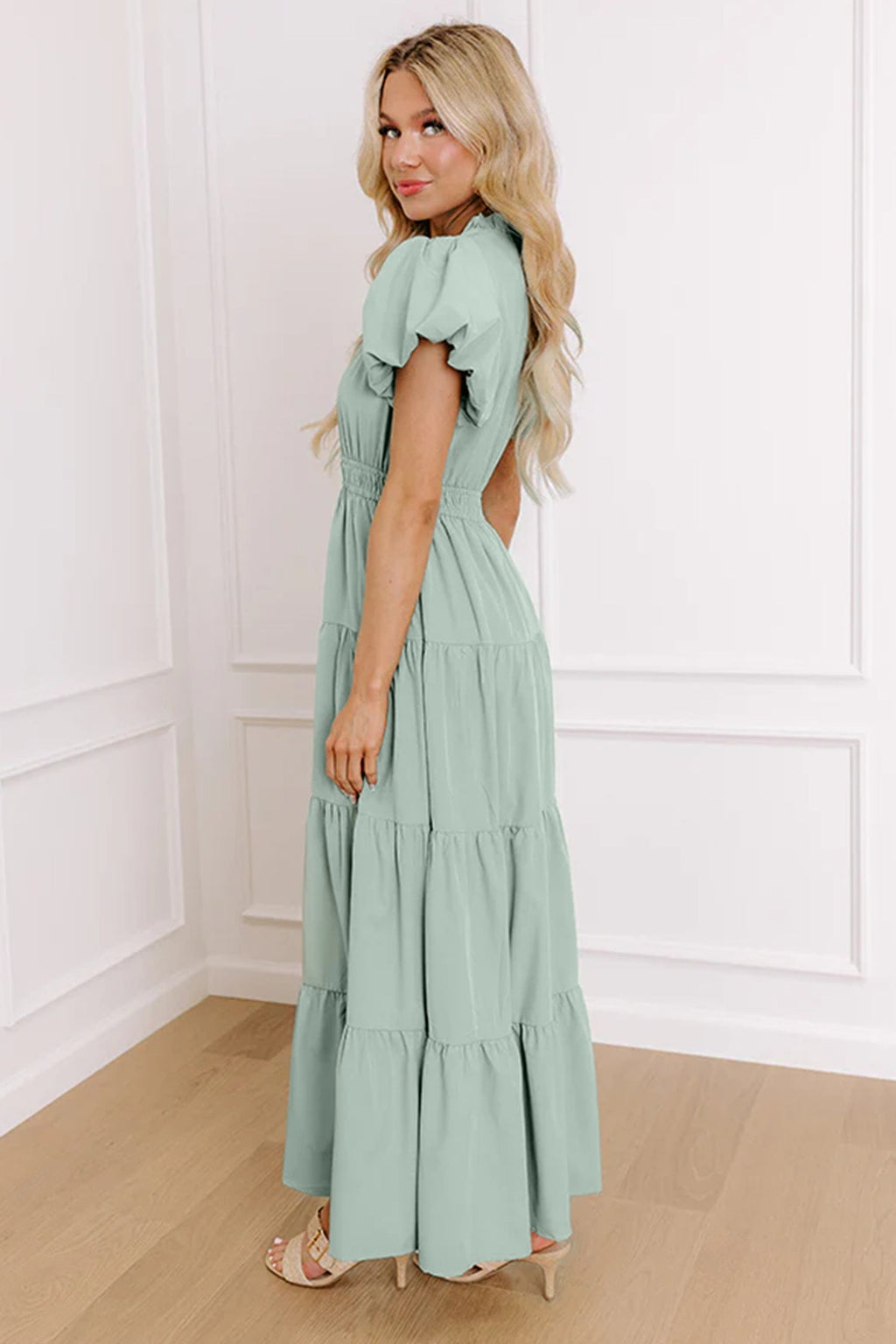Lavendula Solid Color V Neck Short Puff Sleeve High Waist Tiered Maxi Dress