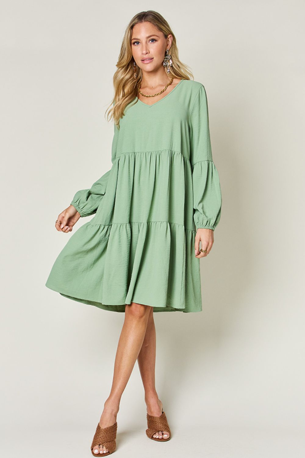 Full Size V-Neck Balloon Sleeve Tiered Dress