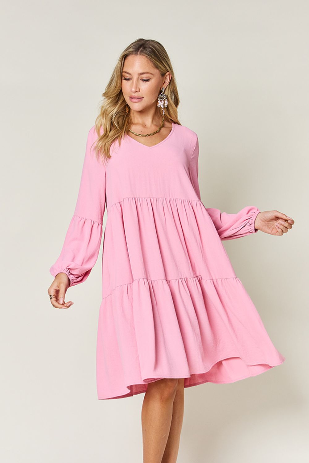 Full Size V-Neck Balloon Sleeve Tiered Dress