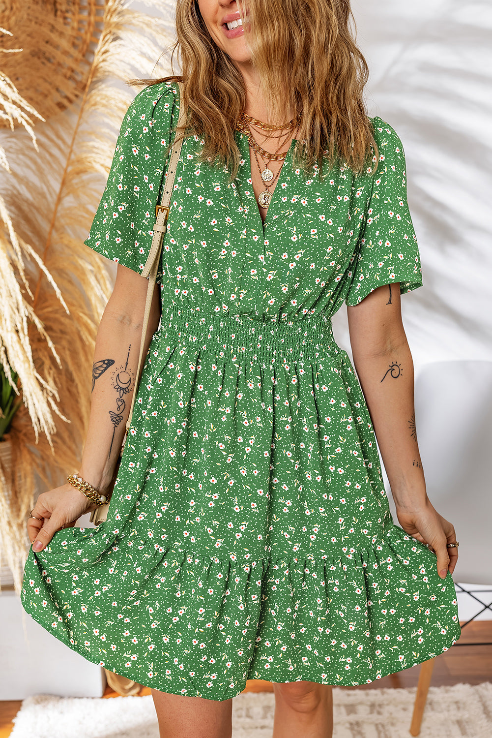 Black Floral Print Wrap V Neck Short Sleeve High Waistband Mini Dress