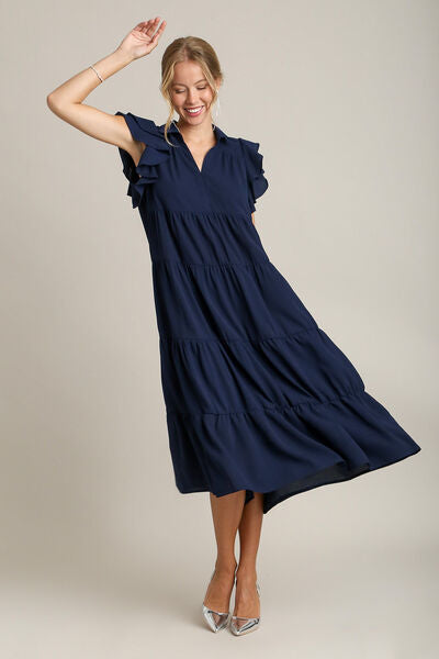 Full Size Johnny Collar Ruffle Cap Sleeve Tiered Dress Plus Size