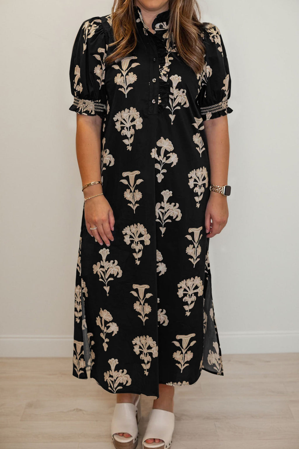 Floral Frilled Collar Puff Sleeve Maxi Dress