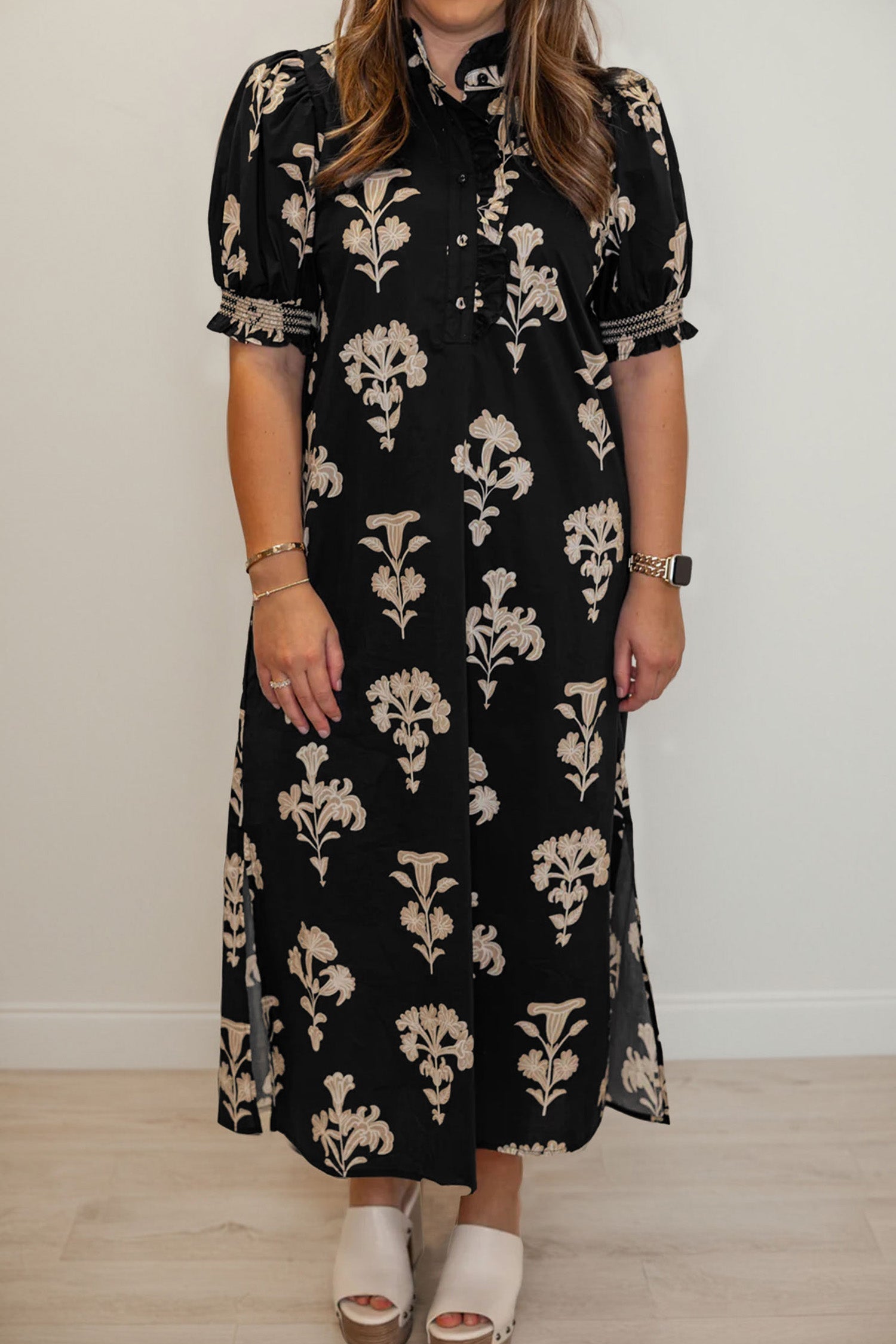 Floral Frilled Collar Puff Sleeve Maxi Dress