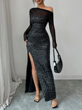 Sequin Slit One Shoulder Maxi Dress