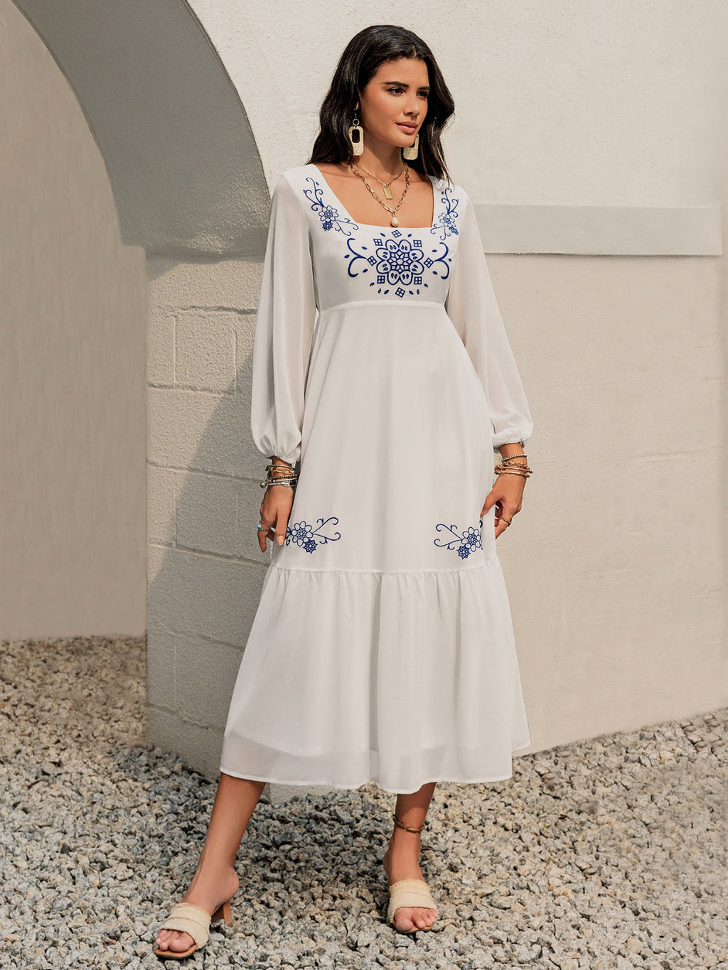 Printed Square Neck Balloon Sleeve Dress