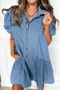 Beau Blue Button Down Short Puff Sleeve Ruffle Hem Patchwork Denim Dress