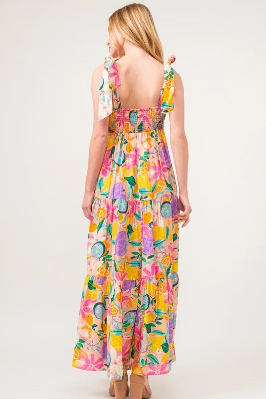Shoulder Strap Tropical Fruit Printed Tiered Maxi Dress