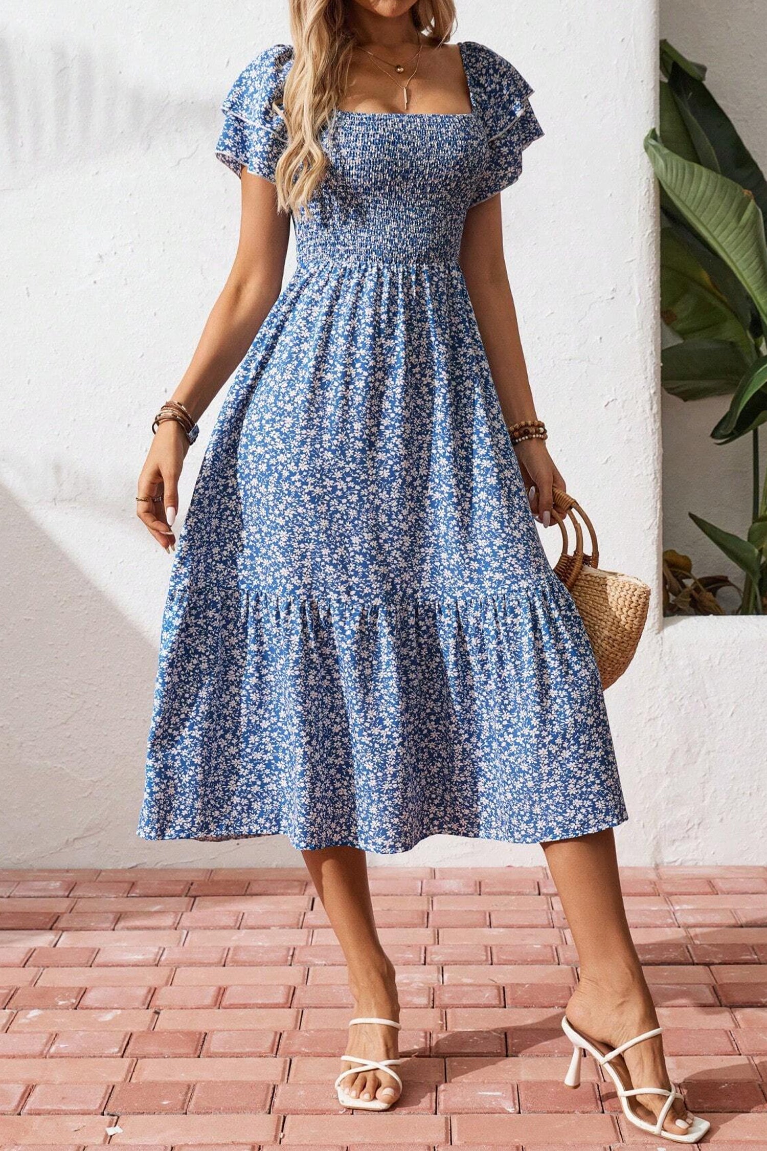 Ditsy Floral Smocked Square Neck Dress