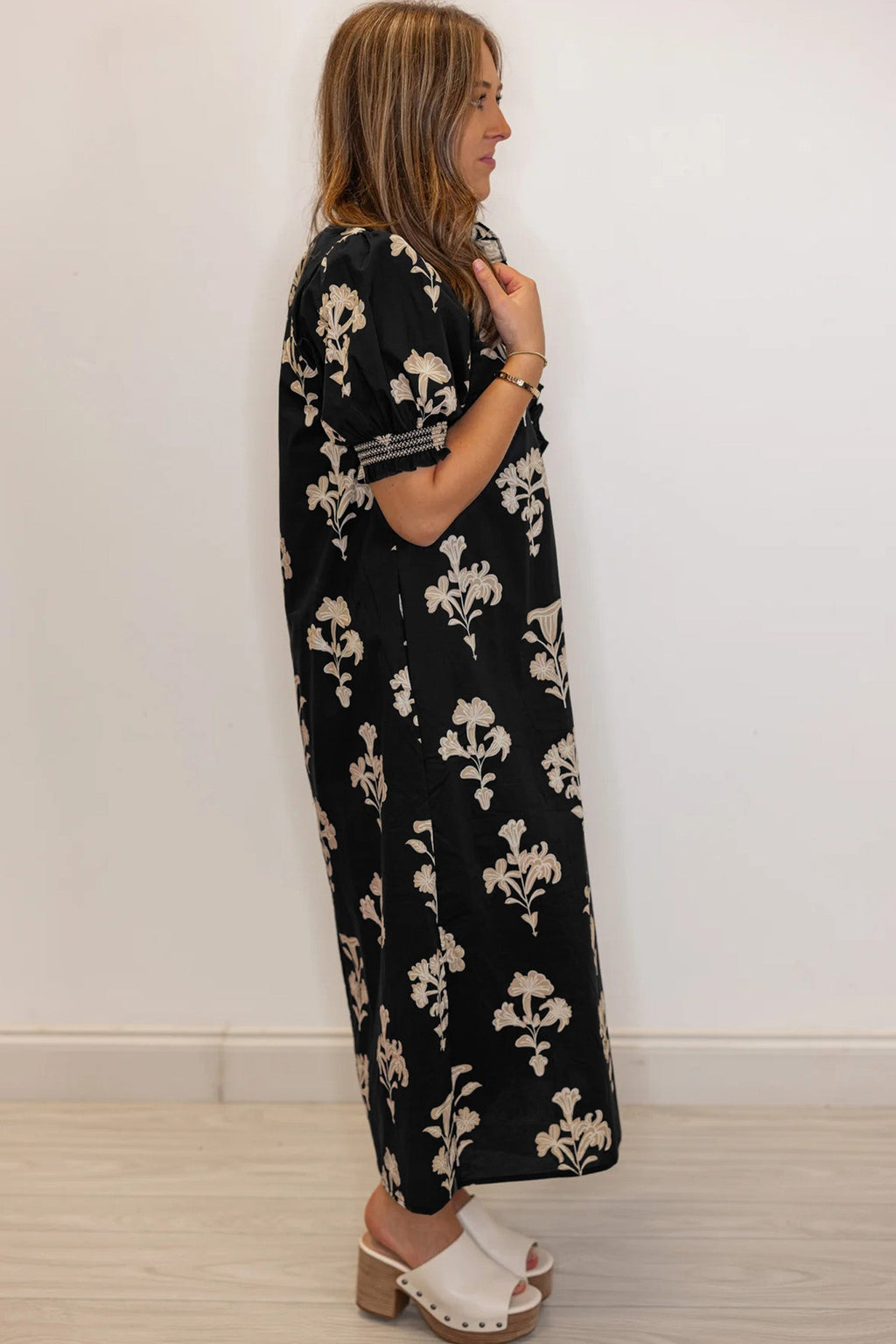 Floral Frilled Collar Puff Sleeve Maxi Dress