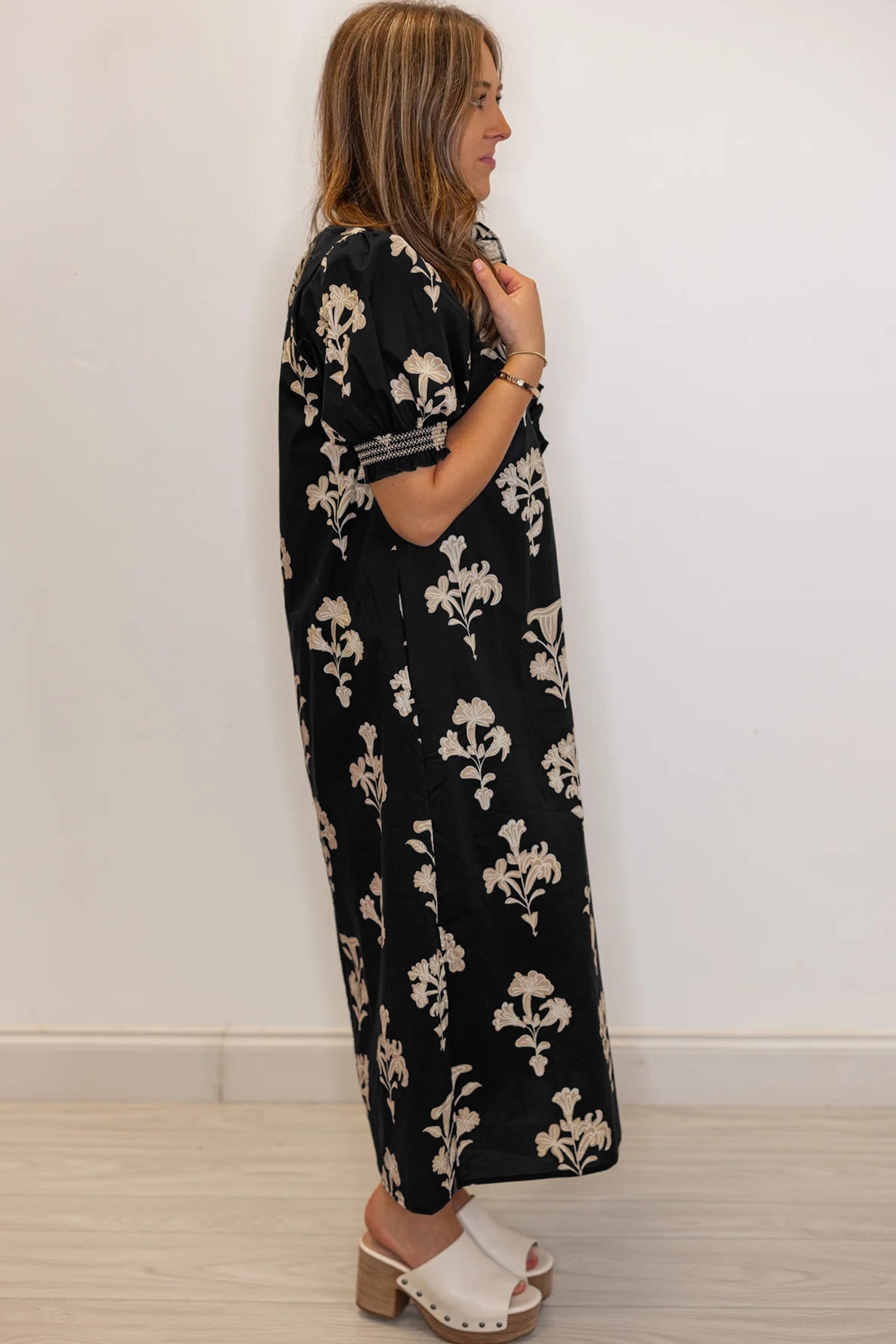 Floral Frilled Collar Puff Sleeve Maxi Dress