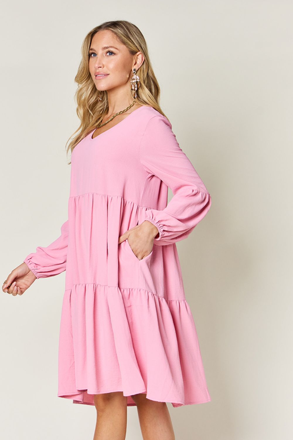 Full Size V-Neck Balloon Sleeve Tiered Dress