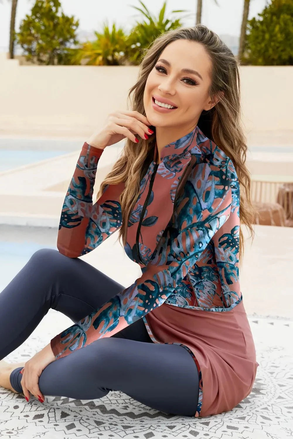 Printed Long Sleeve Swimwear, Pants and Mini Skirt Four-Piece Swim Set