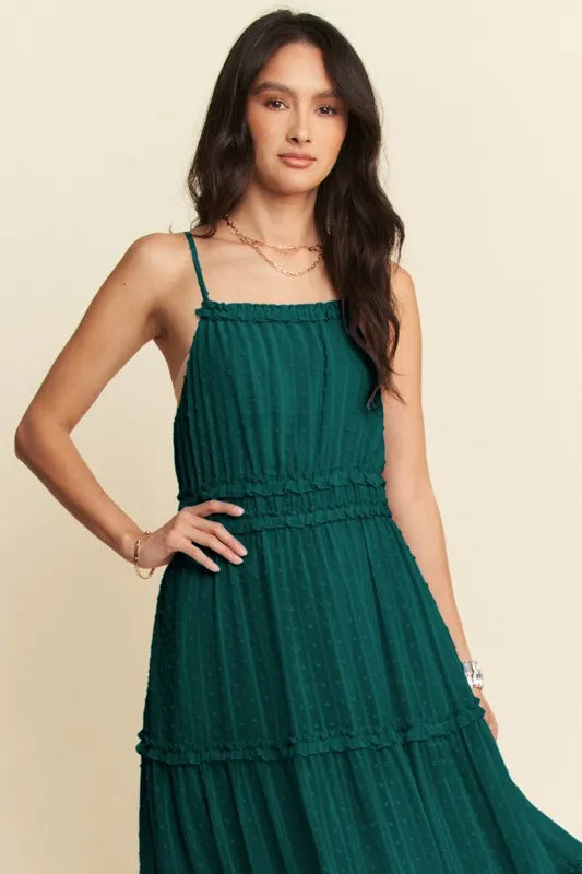 Texture Swiss Dot Ruffle Square Neck Midi Dress
