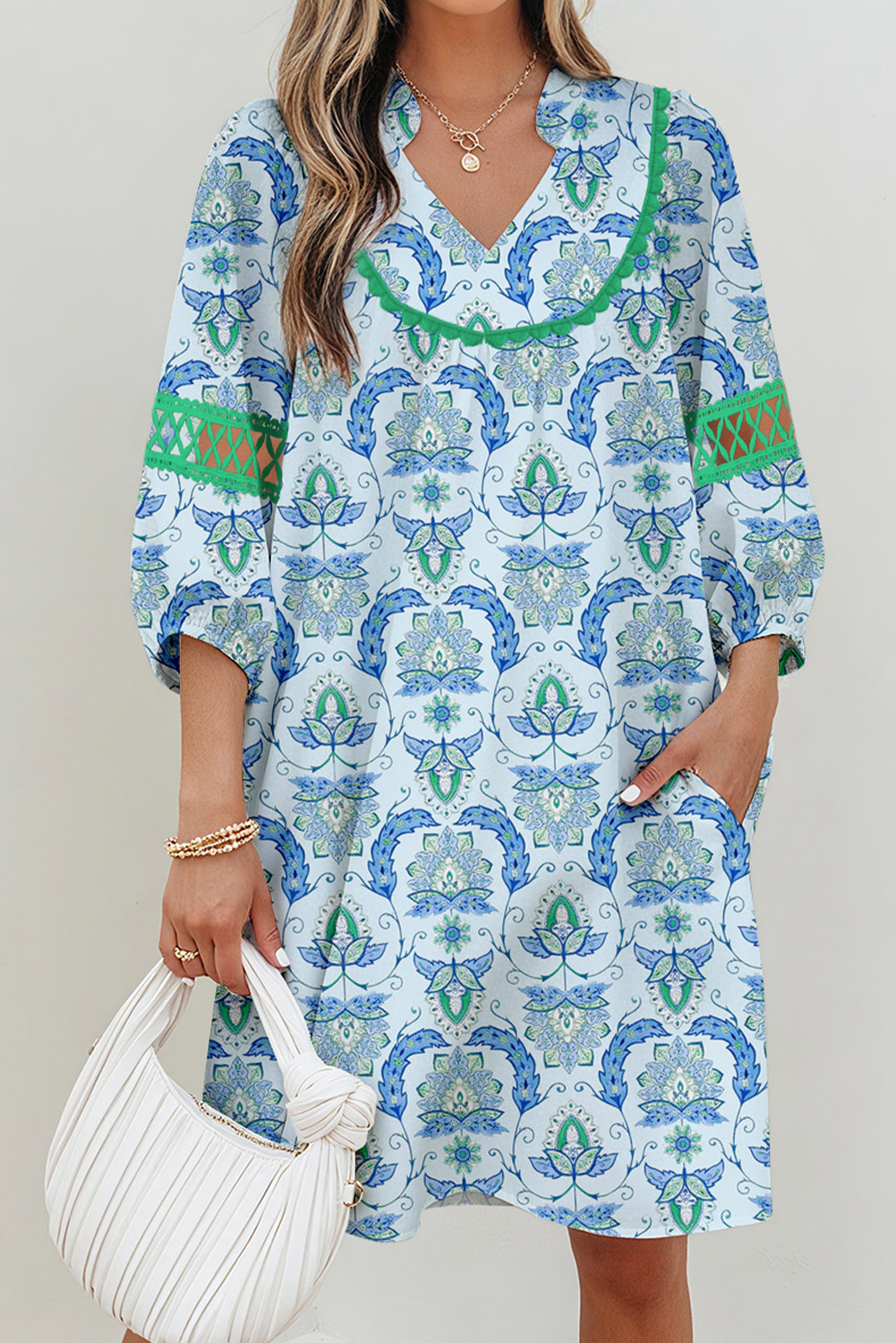 Sky Blue Boho Paisley Print Contrasted Patchwork Detail Bracelet Sleeve Loose Mini Dress