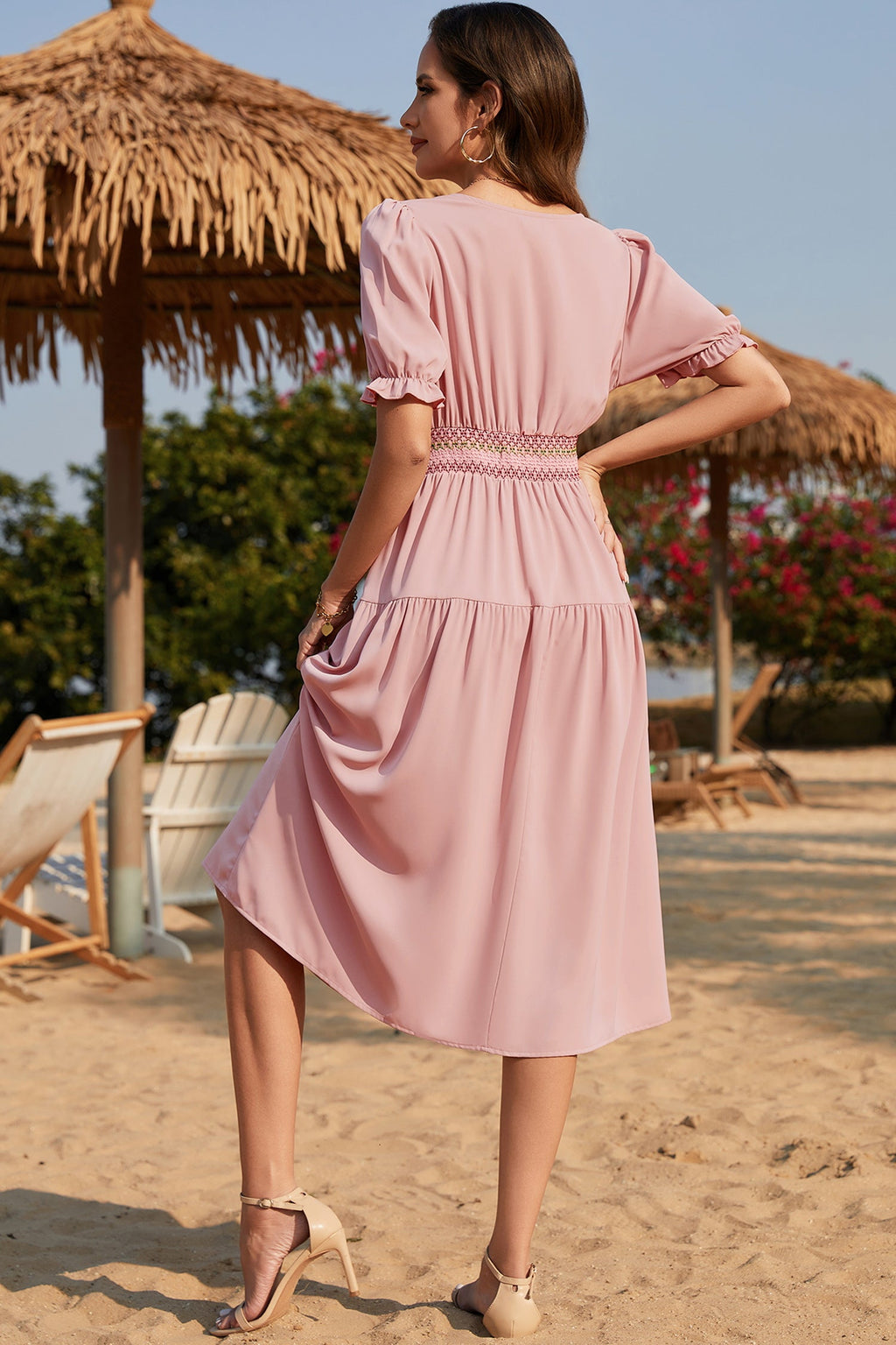 Apricot Contrast Shirred Elastic Waist Short Sleeve Midi Dress