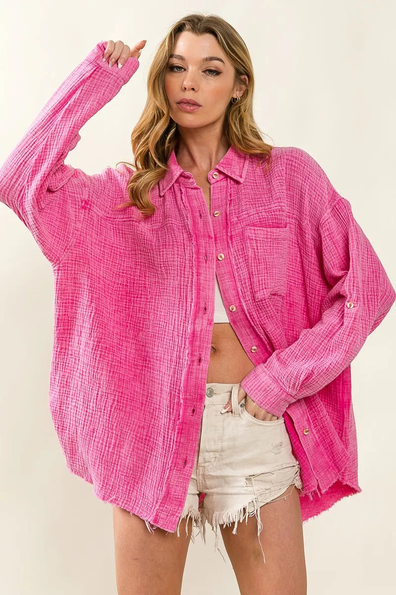 Raw Edge Detailed Mineral Washed Loose Fit Shirt