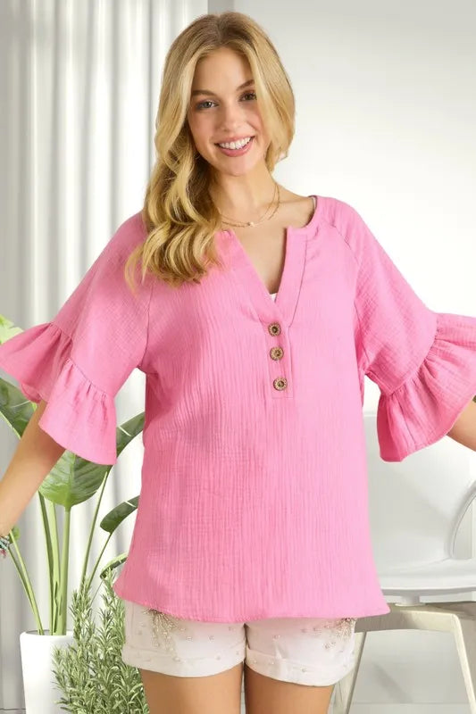Ruffle Sleeve Crinkle Top