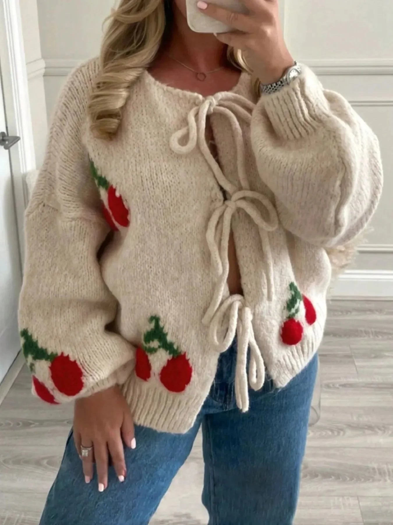 Cherry Pattern Tie-Front Oversized Cardigan