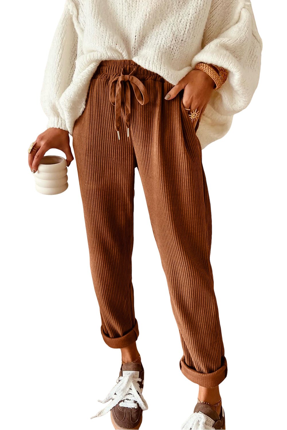 Chestnut Drawstring Elastic Waist Casual Corduroy Pants