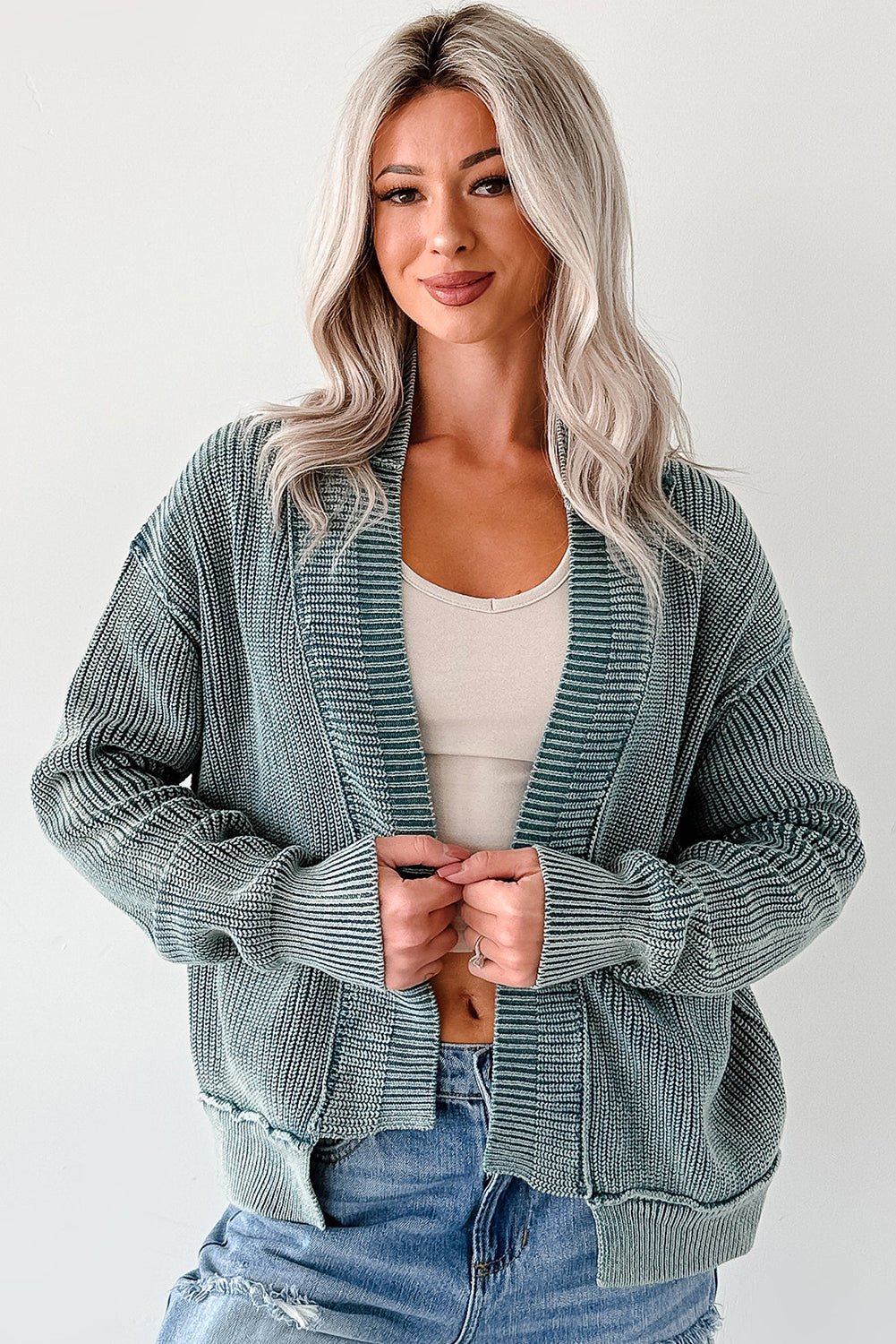 Chestnut Mineral Wash Exposed Seam Patchwork Knit Open Sweater Cardigan