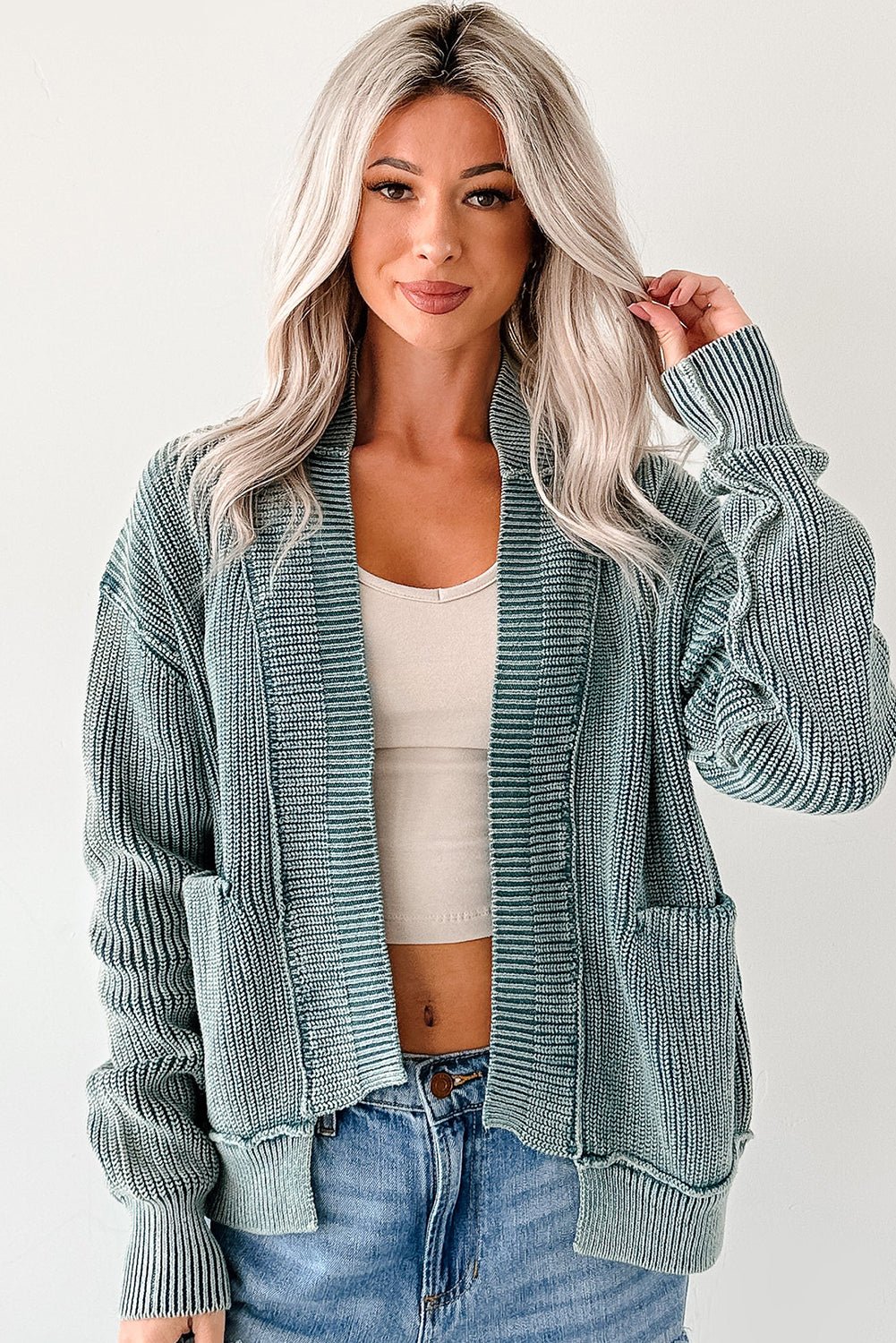 Chestnut Mineral Wash Exposed Seam Patchwork Knit Open Sweater Cardigan